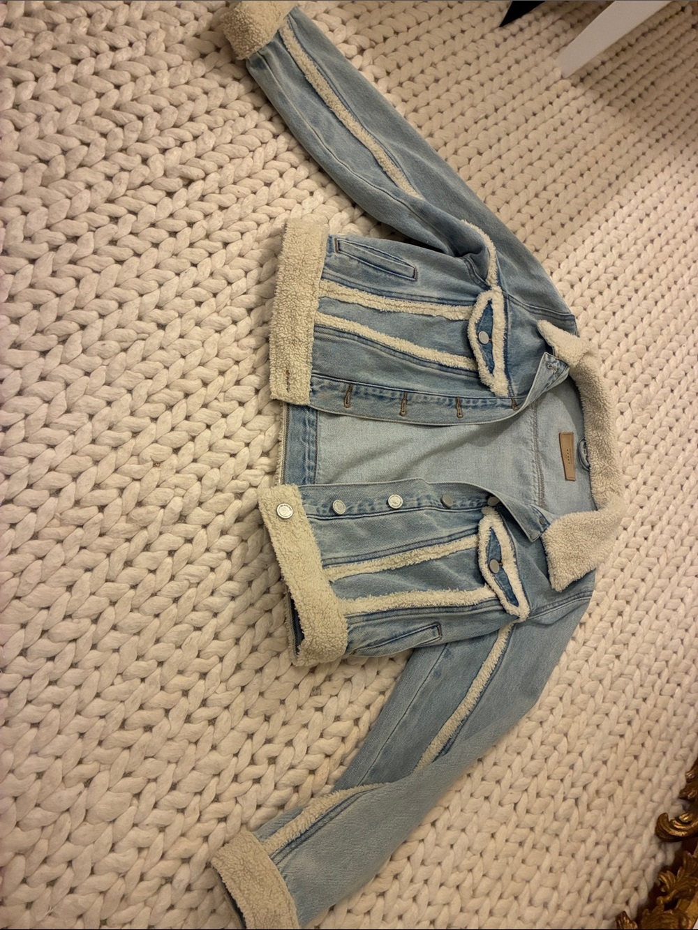 Blank NYC Light Blue Denim Jacket with Cream Sherpa Trim